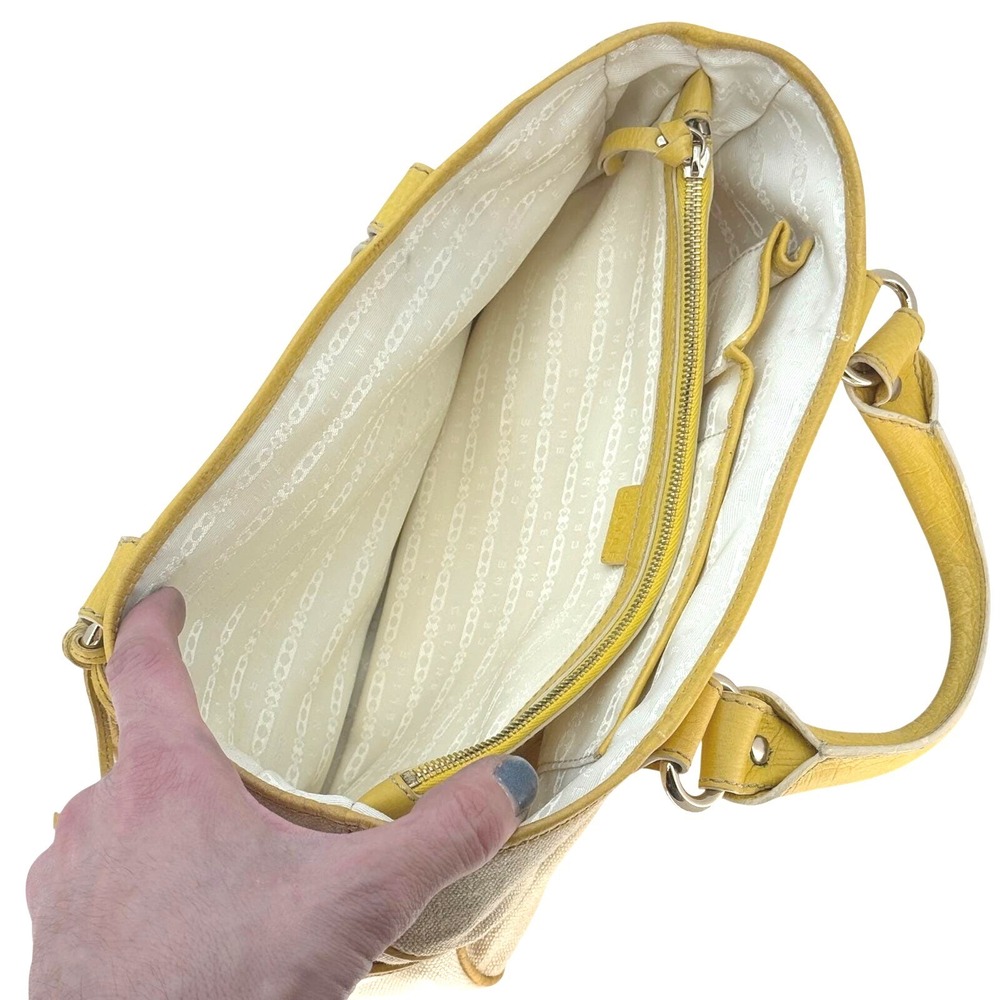 Celine Boogie Bag Beige Canvas Yellow Leather Trim Tassel Satchel Handbag - Picture 6 of 11